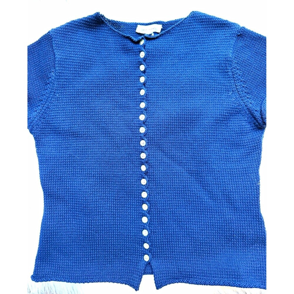 all:row Women's Blue Crew Neck Button Front Short Sleeve Knit Cardigan S